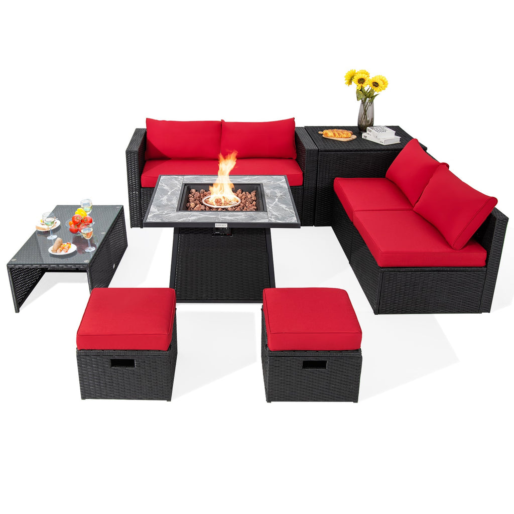 9-Piece Black Wicker Sectional Set with 35-Inch Gas Fire Pit Table