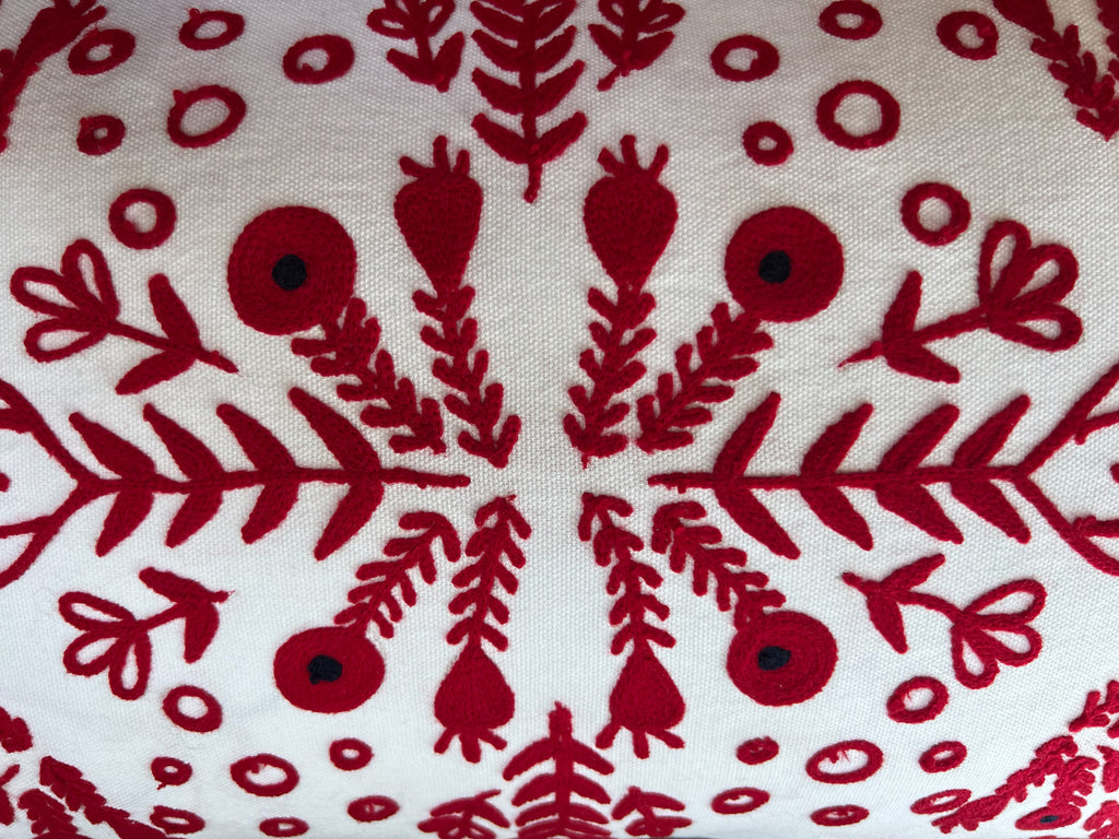 Red & White Embroidered Throw Pillow with Tassels – Handcrafted Home Decor