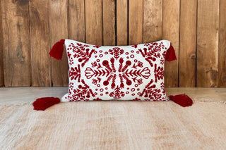 Red & White Embroidered Throw Pillow with Tassels – Handcrafted Home Decor