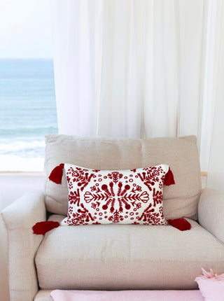 Red & White Embroidered Throw Pillow with Tassels – Handcrafted Home Decor