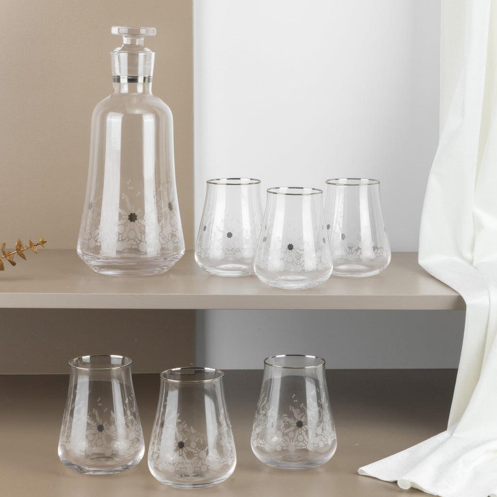 Nourhan - Jug with 6 Short glass cups - Silver