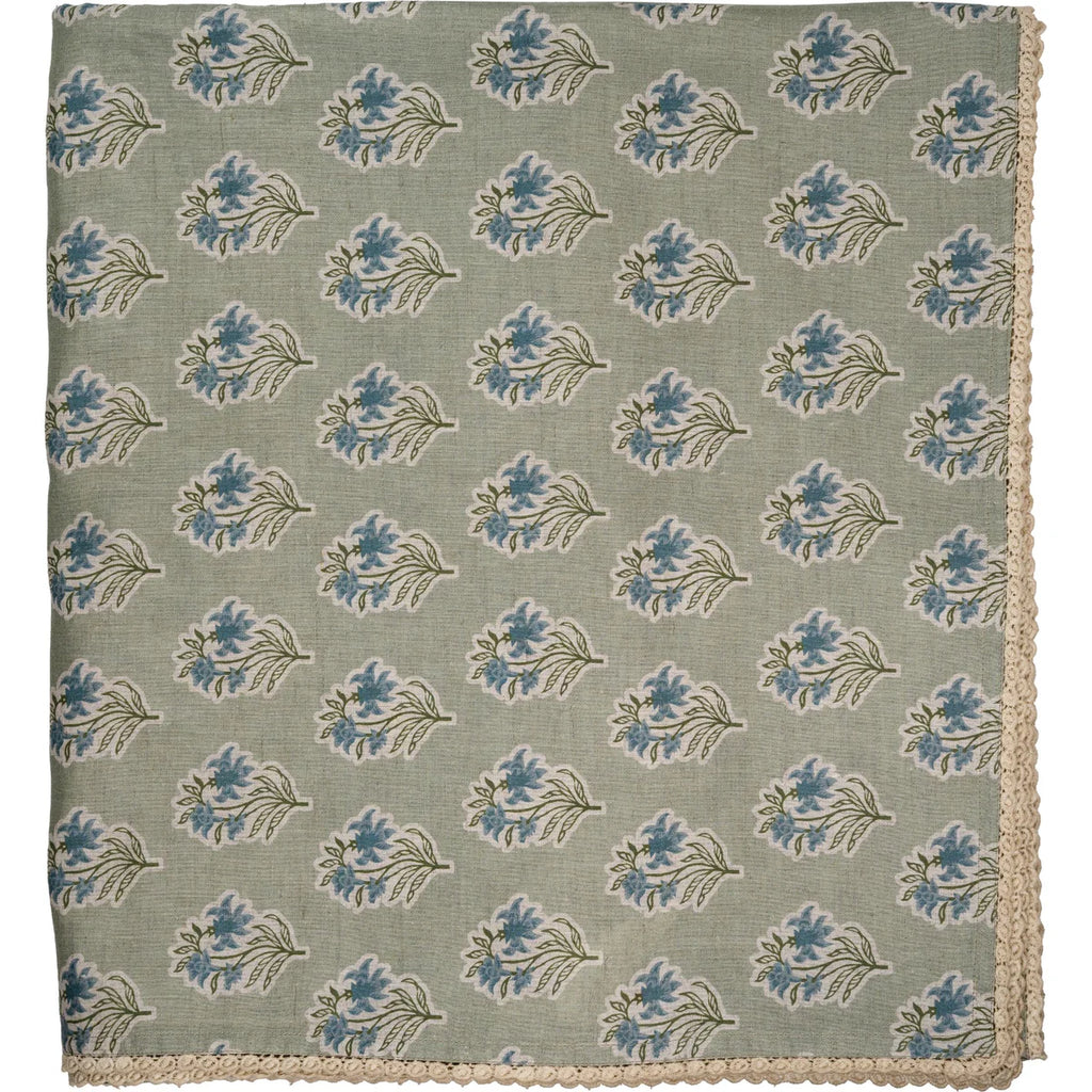 Floral Lace Edge Tablecloth – Linen Cotton Blend Tablecloth in Sage Green, Gray & Cinnamon Brown