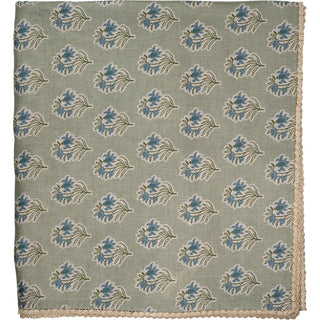 Floral Lace Edge Tablecloth – Linen Cotton Blend Tablecloth in Sage Green, Gray & Cinnamon Brown