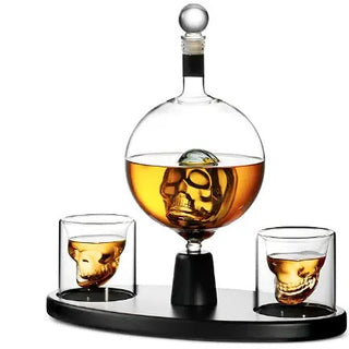 Skull Decanter & Glasses Set with Wood Stand – Halloween & Men’s Gift