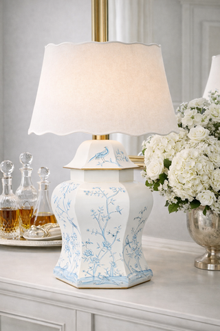 Ivory & Blue Scalloped Hexagon Lamp | Hand-Painted Chinoiserie Table Lamp