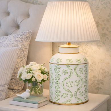 Ikat Ivory & Green Tea Caddy Lamp | Chinoiserie Table Lamp