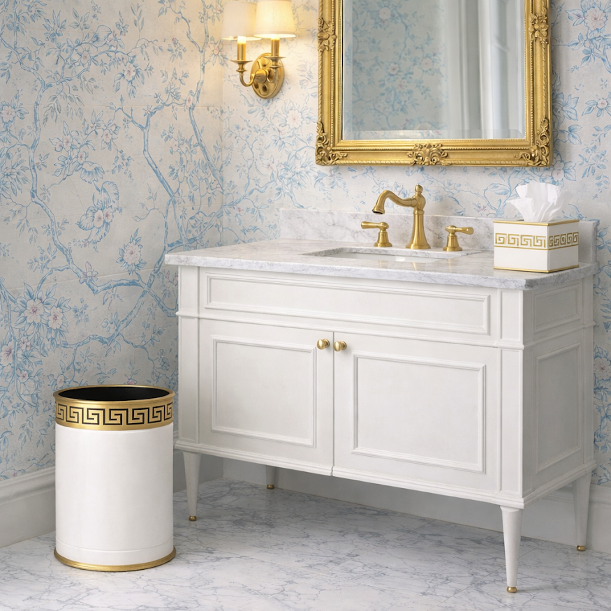 Ivory Greek Key Wastepaper Basket & Tissue Holder | Elegant Bathroom Décor