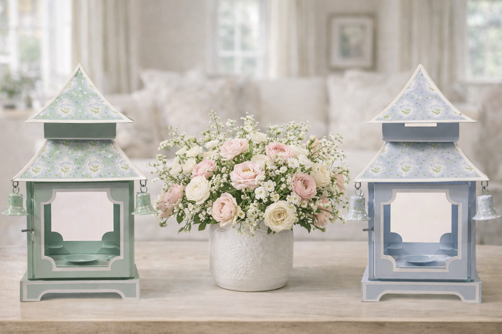 Sage Green & White Tulip Pagoda Lantern (3 Sizes) | Floral Chinoiserie Accent Meta Description: