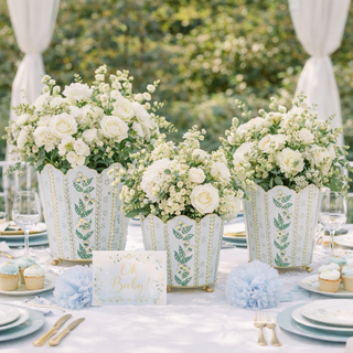 Pale Blue & Gold Floral Bucket Planter (3 Sizes)