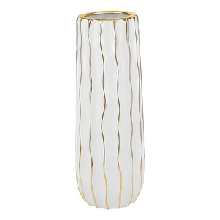 Tall White Porcelain Vase with Gold Wavy Design