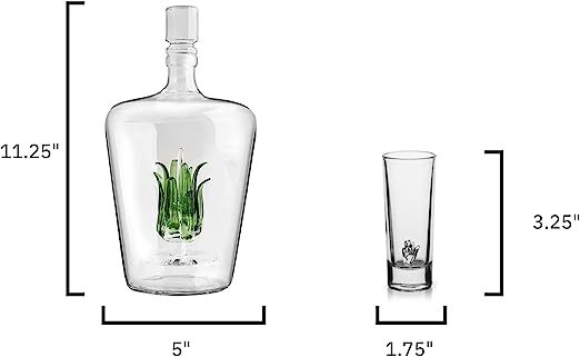 Tequila Decanter Set with Hand-Blown Agave Design and 6 Matching Agave Glasses