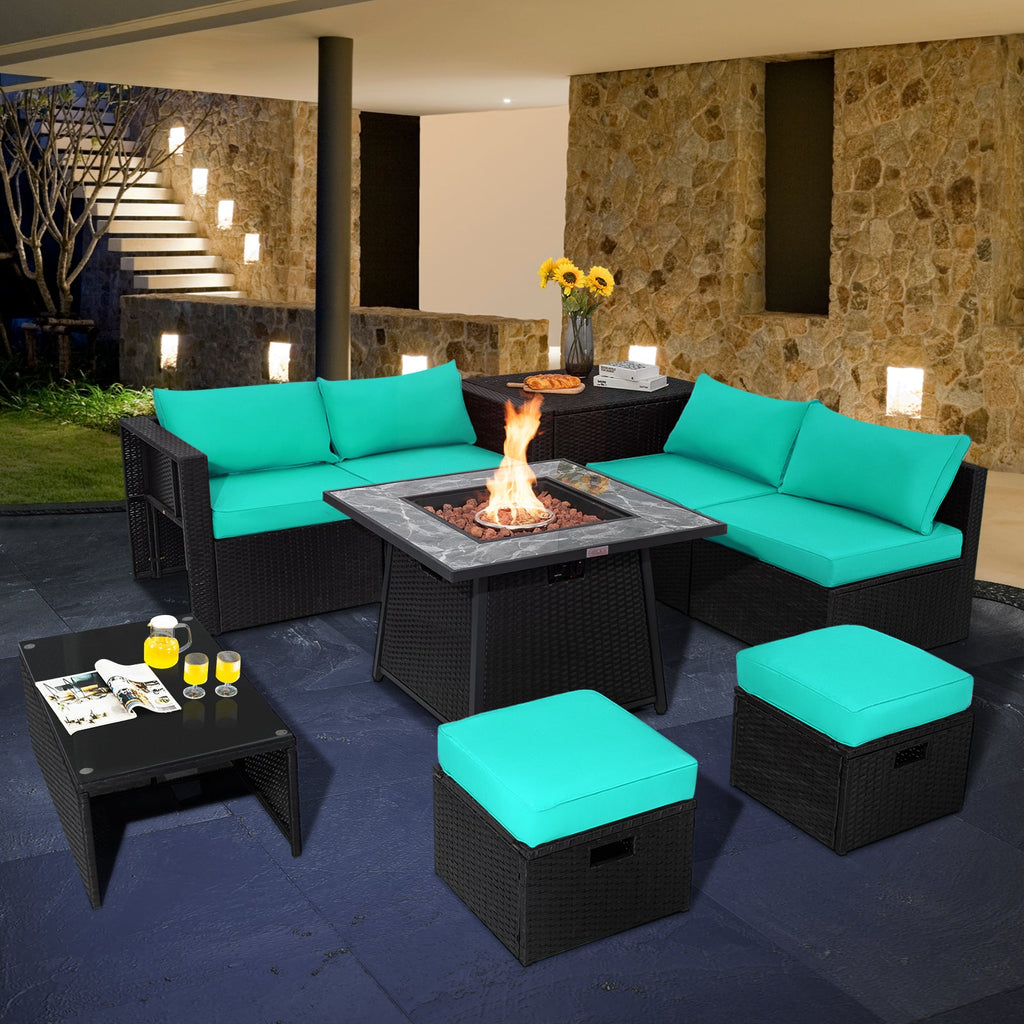9-Piece Black Wicker Sectional Set with 35-Inch Gas Fire Pit Table