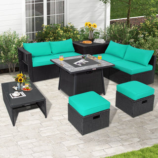 9-Piece Black Wicker Sectional Set with 35-Inch Gas Fire Pit Table
