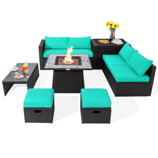 9-Piece Black Wicker Sectional Set with 35-Inch Gas Fire Pit Table