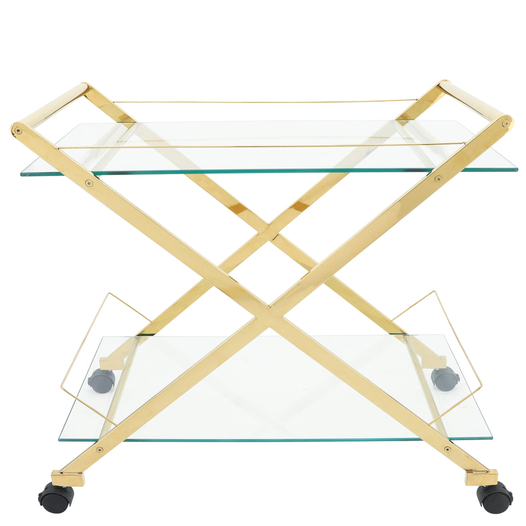 Gold & Glass Rolling Bar Cart – Two-Tier Modern Drink Trolley with Wheels