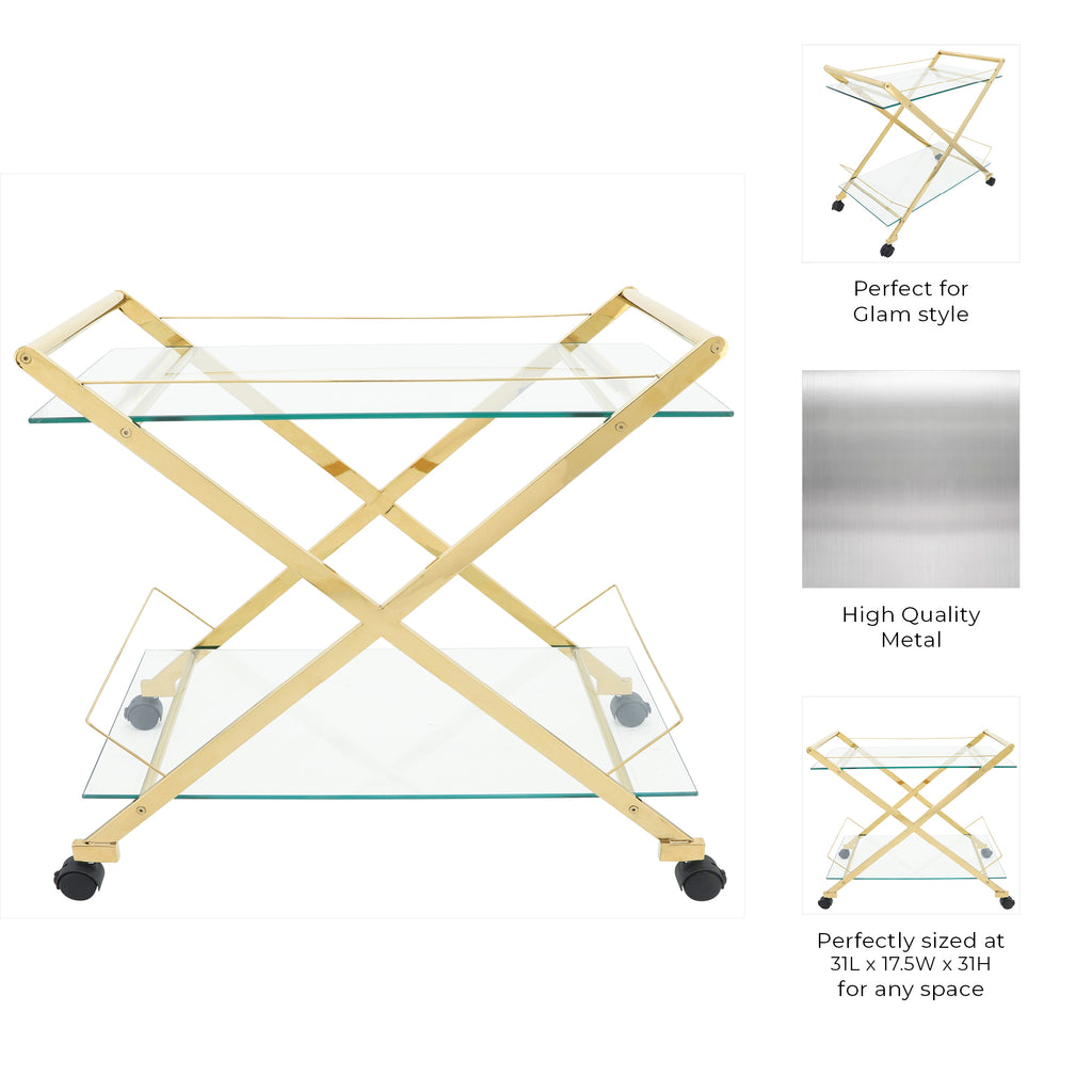 Gold & Glass Rolling Bar Cart – Two-Tier Modern Drink Trolley with Wheels