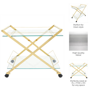 Gold & Glass Rolling Bar Cart – Two-Tier Modern Drink Trolley with Wheels