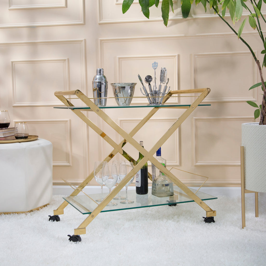 Gold & Glass Rolling Bar Cart – Two-Tier Modern Drink Trolley with Wheels