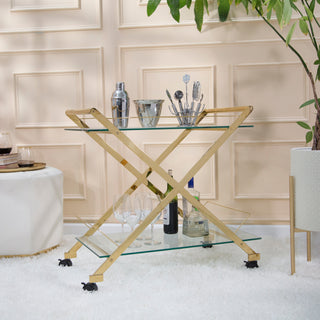 Gold & Glass Rolling Bar Cart – Two-Tier Modern Drink Trolley with Wheels