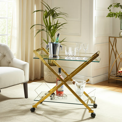 Gold & Glass Rolling Bar Cart – Two-Tier Modern Drink Trolley with Wheels