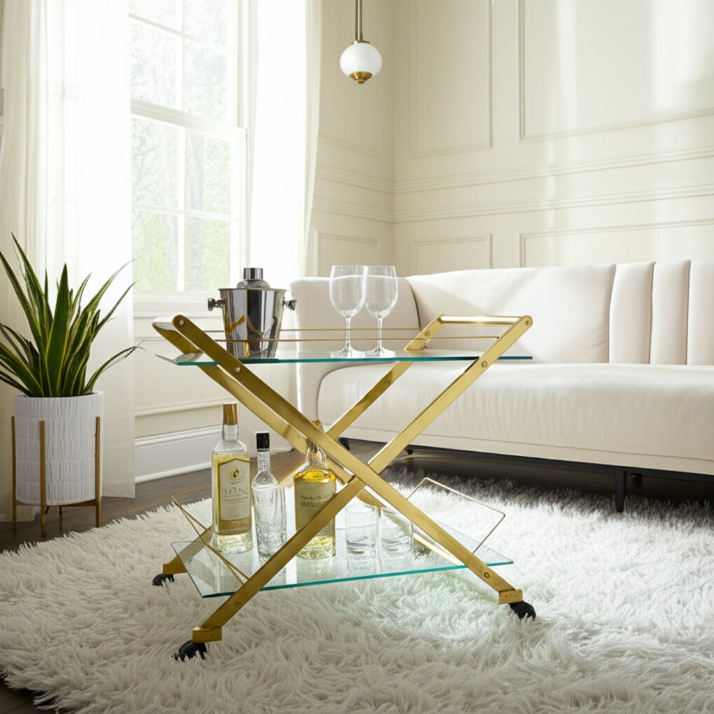 Gold & Glass Rolling Bar Cart – Two-Tier Modern Drink Trolley with Wheels