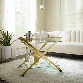 Gold & Glass Rolling Bar Cart – Two-Tier Modern Drink Trolley with Wheels