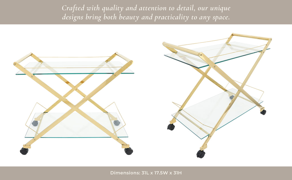 Gold & Glass Rolling Bar Cart – Two-Tier Modern Drink Trolley with Wheels