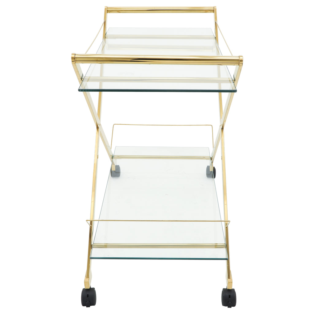 Gold & Glass Rolling Bar Cart – Two-Tier Modern Drink Trolley with Wheels