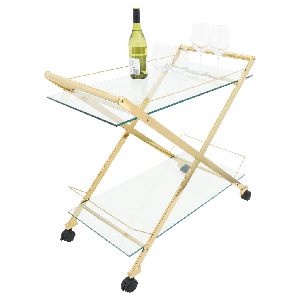 Gold & Glass Rolling Bar Cart – Two-Tier Modern Drink Trolley with Wheels