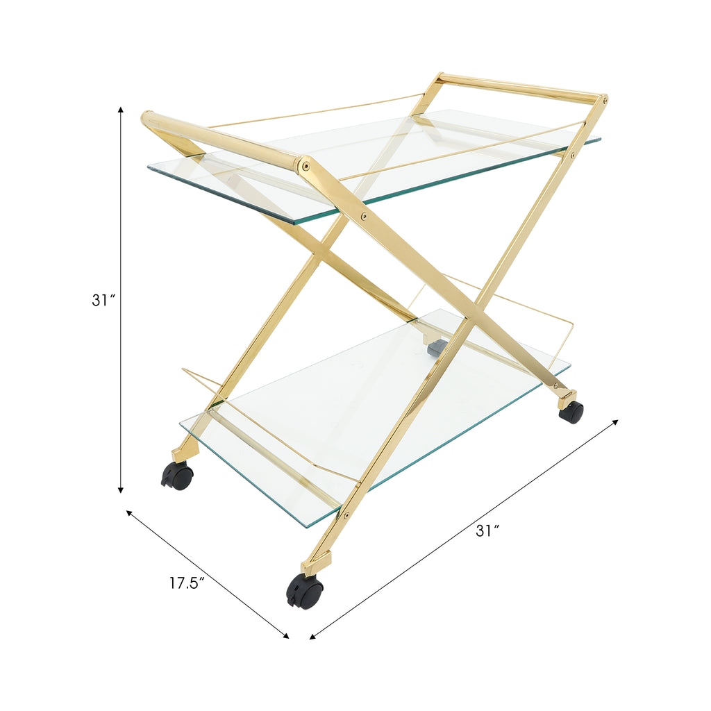 Gold & Glass Rolling Bar Cart – Two-Tier Modern Drink Trolley with Wheels
