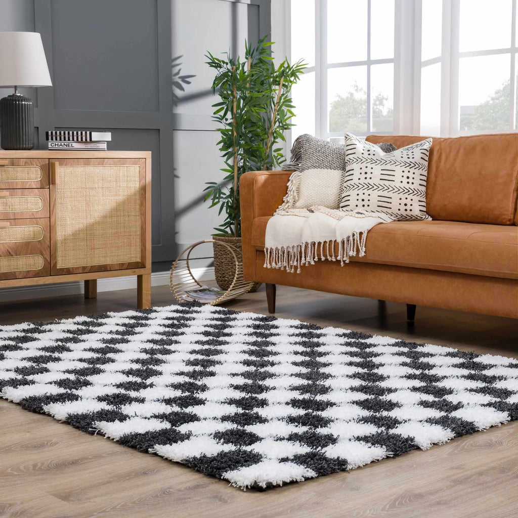 Atira Black White Checkered Area Rug – Modern Patterned Washable Carpet