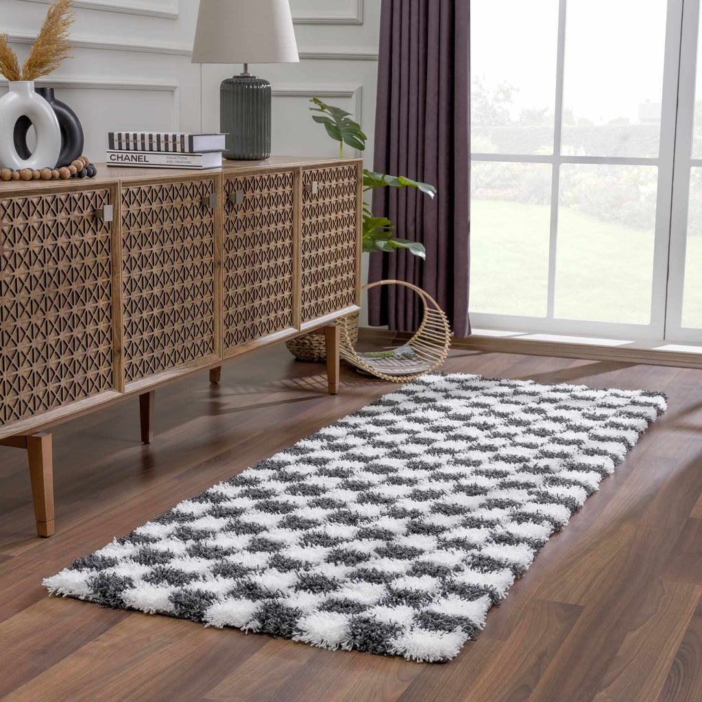 Atira Black White Checkered Area Rug – Modern Patterned Washable Carpet