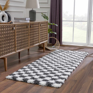 Atira Black White Checkered Area Rug – Modern Patterned Washable Carpet