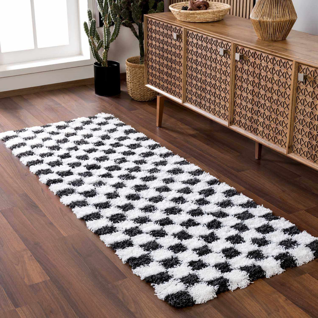 Atira Black White Checkered Area Rug – Modern Patterned Washable Carpet