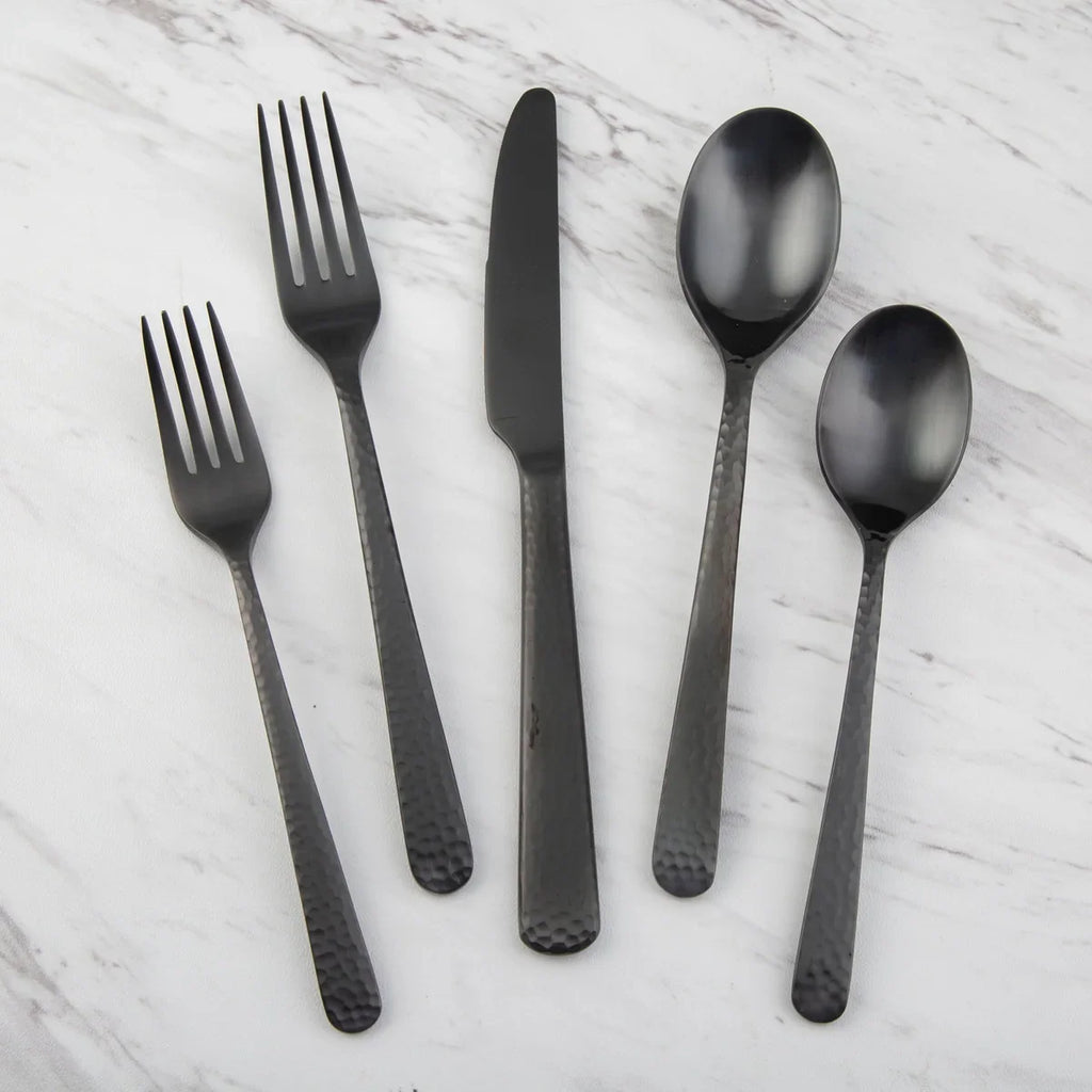 Private Label Cecil Black Satin Hammered 20-Piece Flatware Set, 18/10 stainless steel