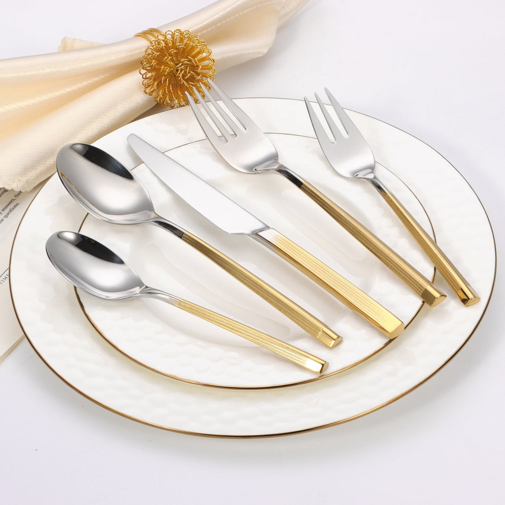 20 pc flatware set - Silver - Modern Tri-Angled Handle, Textured
