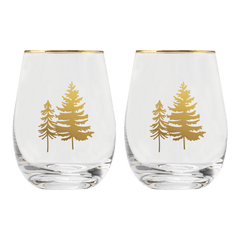 Gold Pine Trees Stemless Wine Glasses – Boxed Set of 2