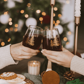 Gold Pine Trees Stemless Wine Glasses – Boxed Set of 2