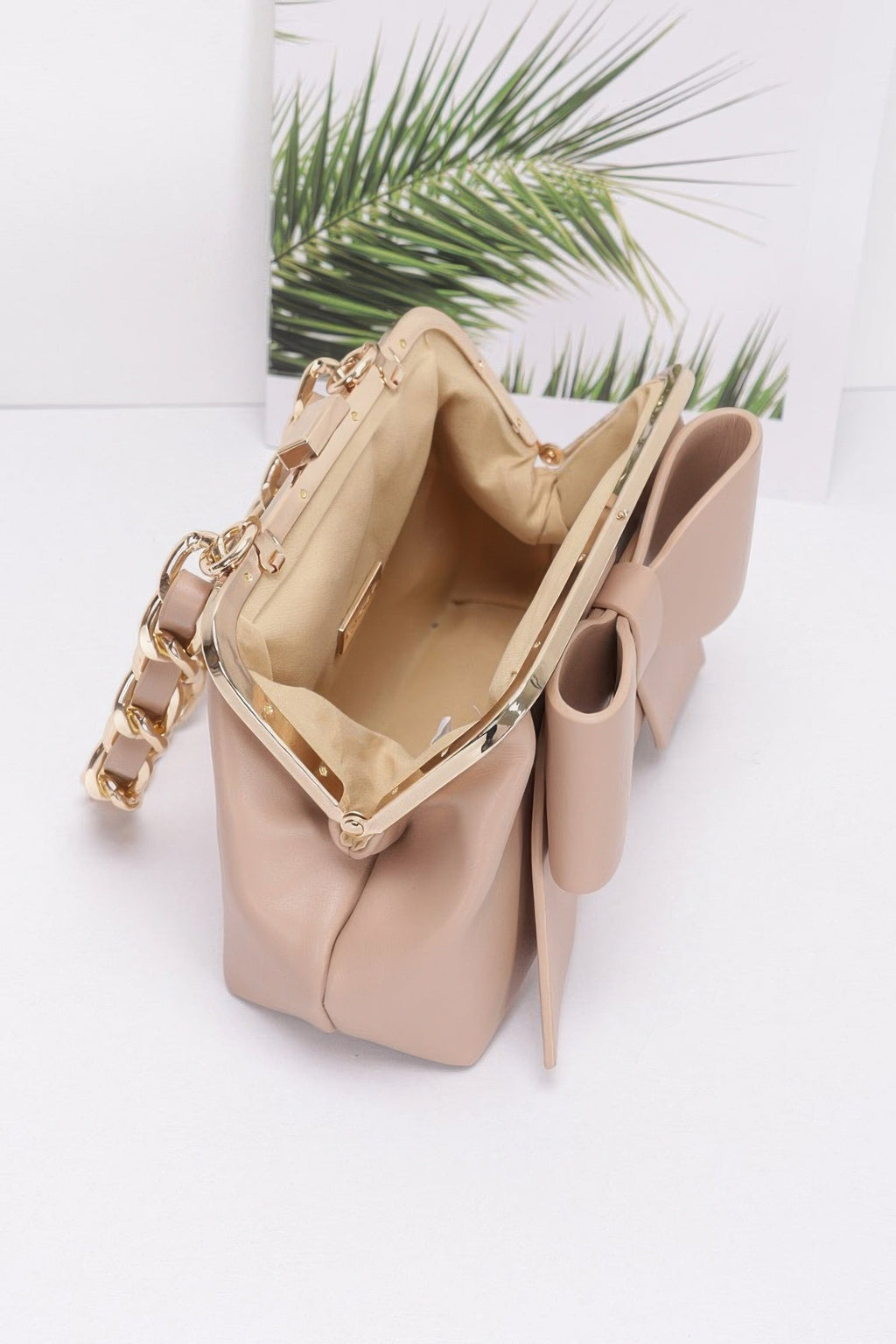 Faux Leather Ribbon Clutch with Chain Handle – Evening Party Bag