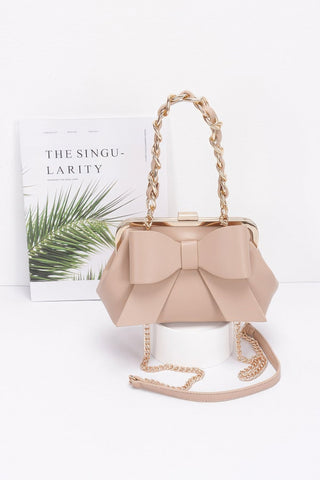Faux Leather Ribbon Clutch with Chain Handle – Evening Party Bag