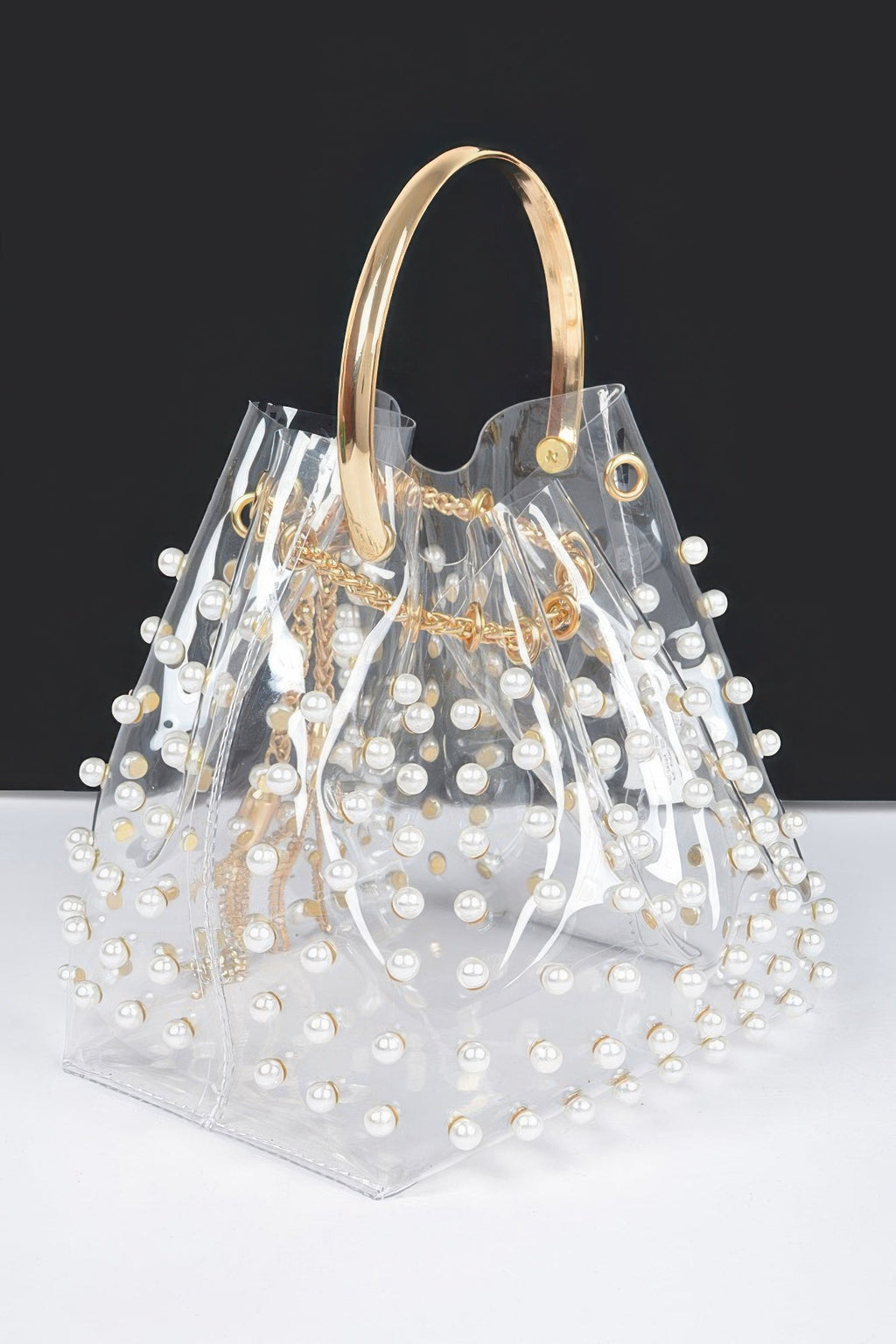 Clear Pearl Stud Bucket Bag with Chain Tassel – Gold or Silver