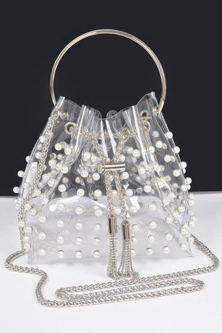 Clear Pearl Stud Bucket Bag with Chain Tassel – Gold or Silver
