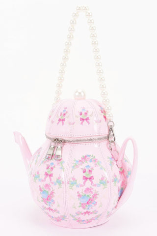 Floral Teapot Novelty Bag with Pearl-Inspired Handle