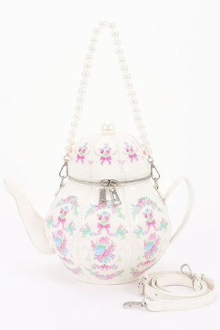 Floral Teapot Novelty Bag with Pearl-Inspired Handle