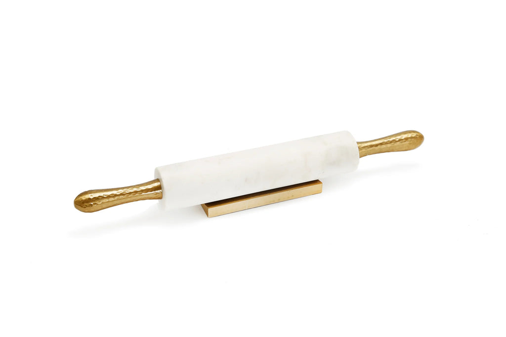 White Marble Rolling Pin with Hammered Gold Handles & Base – 18”
