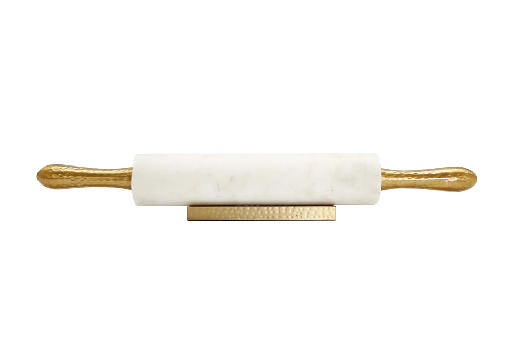 White Marble Rolling Pin with Hammered Gold Handles & Base – 18”