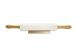 White Marble Rolling Pin with Hammered Gold Handles & Base – 18”