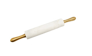 White Marble Rolling Pin with Hammered Gold Handles & Base – 18”