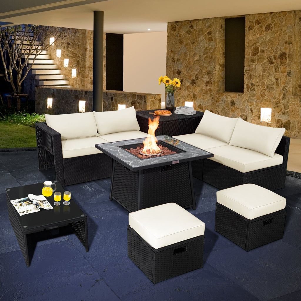 9-Piece Black Wicker Sectional Set with 35-Inch Gas Fire Pit Table