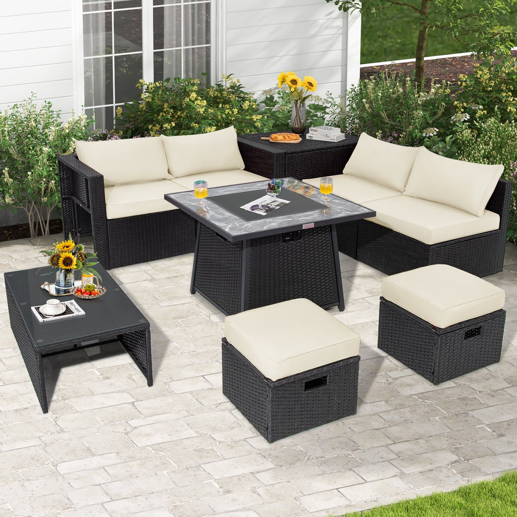 9-Piece Black Wicker Sectional Set with 35-Inch Gas Fire Pit Table